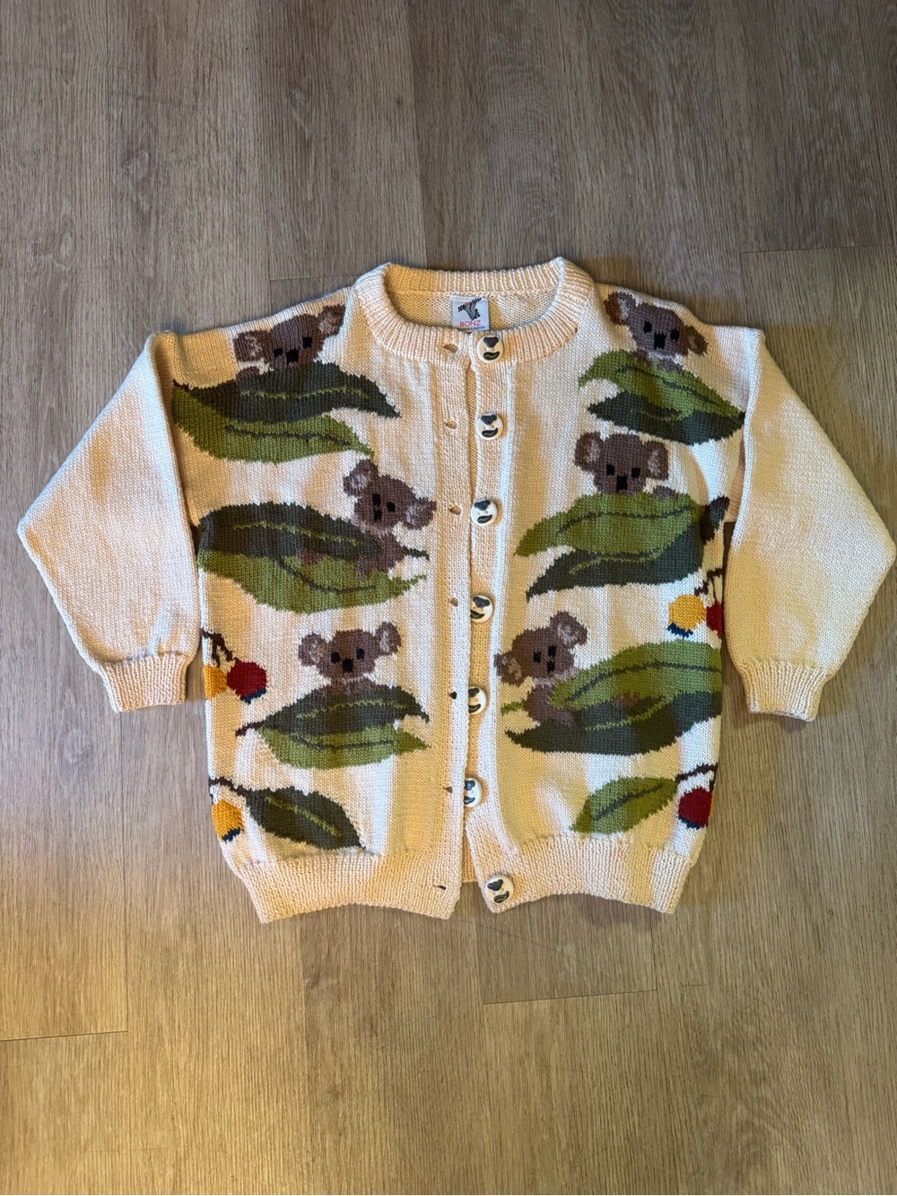 BONZ Australia Handmade Pure New Wool Cardigan Sweater Koala Vintage 3D